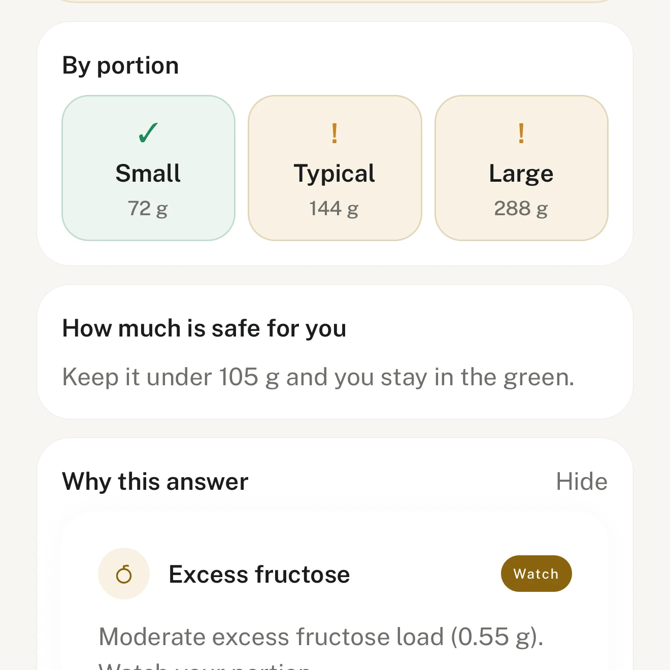 A SafeBelly answer by portion: small is a yes, with how much is safe for you and why